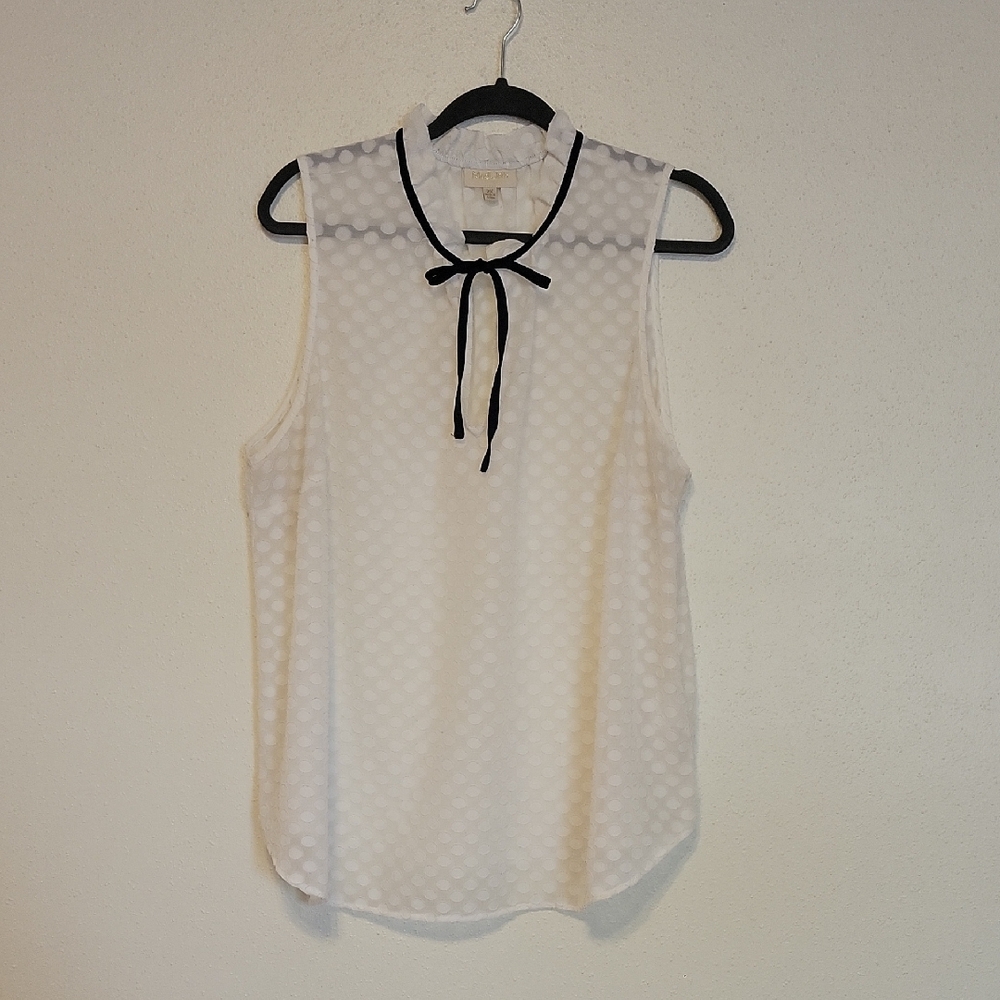 ModCloth White Polka Dot Blouse 2X Sleeveless Sheer Ruffle Neck Tie Top